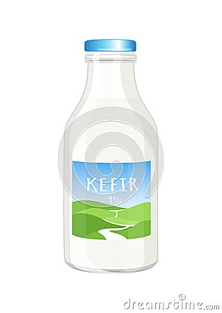 Kefir, yogurt or milk glass bottle with farm label, cartoon style vector illustration isolated on white background Vector Illustration
