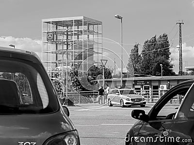 KEHL, GERMANY - JUL 14, 2017: Black and white photo of German Police in Mercedes wagon car Editorial Stock Photo