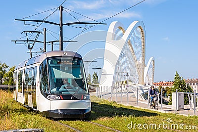 A streetcar has crossed the railway bridge between Strasbourg, France and Kehl, Germany Editorial Stock Photo