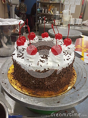 Blackforest cake with cherries and cream Stock Photo