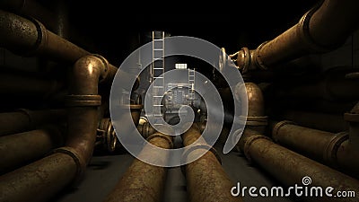 Kelderverdieping in fabriek of de om het even welke industriële bouw Dark en verschrikkingstunnel met oud en roestig leidingensys royalty-vrije illustratie Kelderverdieping in fabriek of de om het even welke industriële bouw Dark en verschrikkingstunnel met oud en roestig leidingensys royalty-vrije illustratie