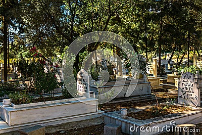 Muslim cemetery with marble tombstones in Kemer, Turkey Editorial Stock Photo