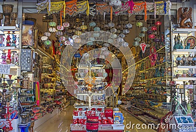 KEMER, TURKEY - OCT 2, 2017: Traditional handmade turkish lamps and souvenirs in a shop Editorial Stock Photo