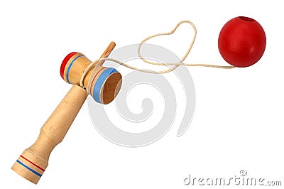 Kendama, a traditional Japanese toy consisting of a sword and a ball connected by a string rolled in heart shape Stock Photo