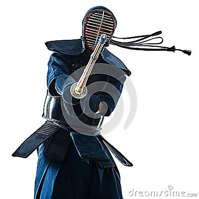 Kendo martial arts fighters man silhouette isolated white bacgro Stock Photo
