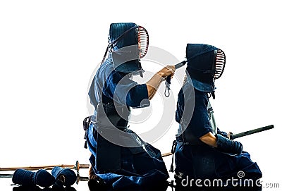 Kendo martial arts fighters silhouette isolated white bacground Stock Photo