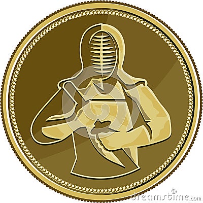 Kendo Swordsman Gold Medal Retro Stock Photo