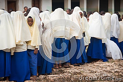 Schoolgirls gathering on a schoolyard in a morning, Zanzibar Editorial Stock Photo