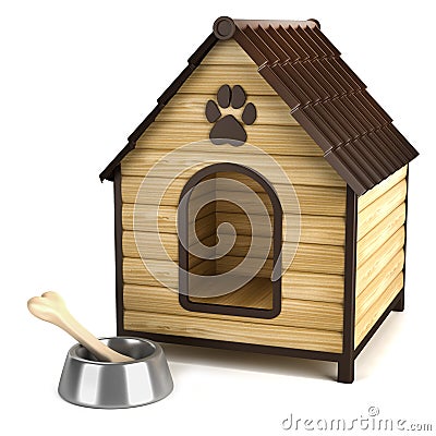 Kennel. Doghouse and bone in bowl Stock Photo