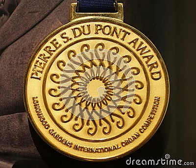 Kenneth Square, Pennsylvania, U.S - October 7, 2023 - Close up of the Pierre S du Pont First Prize gold medal Editorial Stock Photo