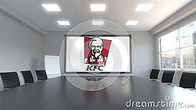 Kentucky Fried Chicken KFC logo on the screen in a meeting room. Editorial 3D rendering Editorial Stock Photo