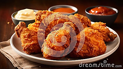 Kentucky fried chicken thighs with three sauces as a dip served on a plate. Generative AI Stock Photo