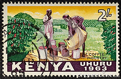 Kenya - CIRCA 1963: Coffee industry on vintage kenyan postage stamp Circa 1963 Editorial Stock Photo