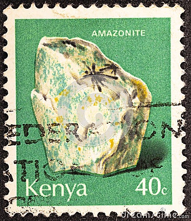 Kenya CIRCA 1977: A stamp printed in Kenya shows Amazonite, mineral found in Kenya, circa 1977 Editorial Stock Photo