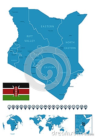 Kenya - detailed blue country map with cities, regions, location on world map and globe. Infographic icons Cartoon Illustration