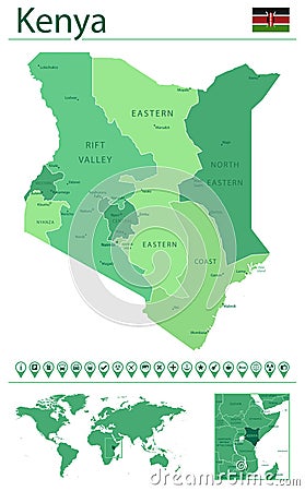 Kenya detailed map and flag. Kenya on world map Vector Illustration