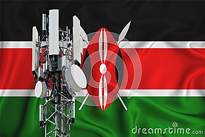 Kenya flag, background with space for your logo - industrial 3D illustration. 5G smart mobile phone radio network antenna base Cartoon Illustration