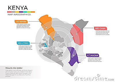 Kenya map infographics vector template with regions and pointer marks Vector Illustration