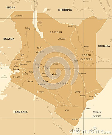 Kenya Map - Vintage Detailed Vector Illustration Stock Photo