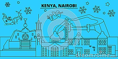 Kenya, Nairobi winter holidays skyline. Merry Christmas, Happy New Year decorated banner with Santa Claus.Flat, outline Vector Illustration