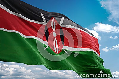 Kenya national flag waving blue sky background realistic 3d illustration Cartoon Illustration