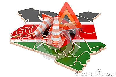 Kenyan map with traffic cones and warning triangle, 3D rendering Stock Photo