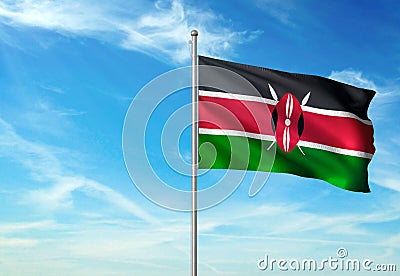 Kenya flag waving with sky on background realistic 3d illustration Cartoon Illustration