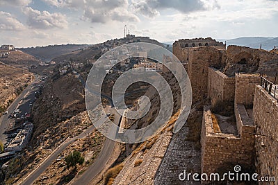 Kerak castle and fort standing on top of mountain building from Medieval era, Jordan, Arab Stock Photo