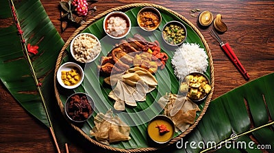 Kerala festival Happy Onam background with traditional food served on banana leaf. ai generated Stock Photo