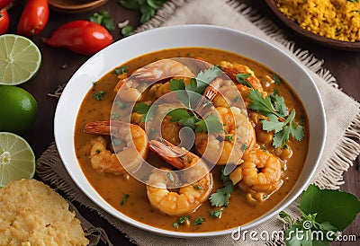 Kerala fish curry spicy Prawn mango curry recipe, Chemmeen Manga shrimp in coconut milk. white background South India. Top view Stock Photo