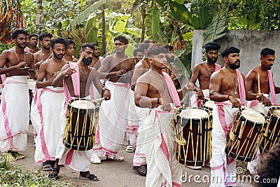 Kerala, India - April 2, 2023 indian Men Play Traditional Percussion Instrument In Kochi Kerala Editorial Stock Photo