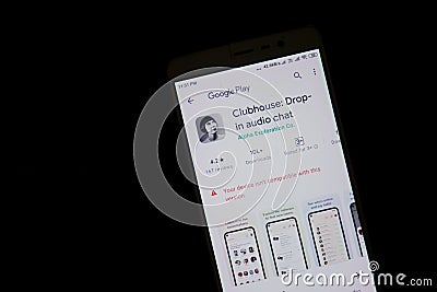 Drop-in audio chat app Clubhouse showing incompatible with Android version in Google Play Store on Editorial Stock Photo