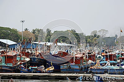 kerala, India- March 25, 2023 fishing boats halted in fort kochi boat yard during trawling ban in kerala Editorial Stock Photo