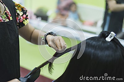 Keratin recovery hair and protein treatment pile with professional ultrasonic iron tool. Concept lamination, lifting Stock Photo