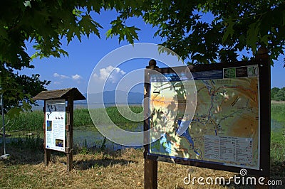 Kerkini lake map at shore,Greece Editorial Stock Photo