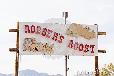 Entrance sign of Robbers Roost ranch, Historic buildings preserve and ghost town in Kern Editorial Stock Photo