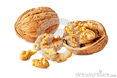 Kernel and whole walnut on white Stock Photo