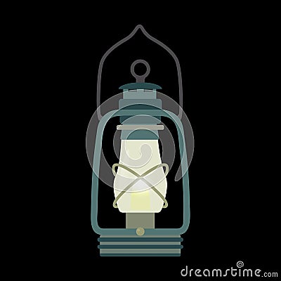 Kerosene lamp in a flat style. An old lighting device on chemical fuel. An ancient history item. Vector illustration. Isolated on Cartoon Illustration