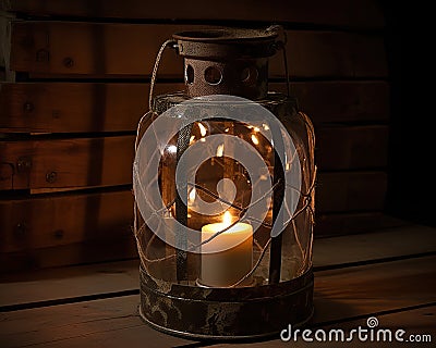 Kerosene oil lamp burning with soft light glow on aged wooden table. Old fashioned vintage kerosene oil lantern lamp. Cartoon Illustration