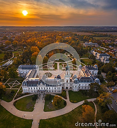 Keszthely, Hungary - Aerial panoramic view of Keszthely with the famous Festetics Palace Festetics Kastely and autumn sunset Stock Photo