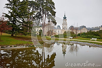 Keszthely, Hungary - December 7, 2019: The famous Keszthely Festetics castle near to lake Balaton and Heviz with a reflection on Editorial Stock Photo