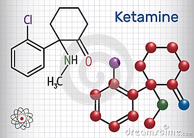 Ketamine molecule. It is used for anesthesia in medicine. Structural chemical formula and molecule model. Sheet of paper in a cage Vector Illustration