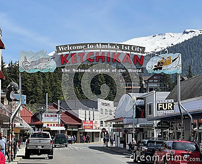 Ketchikan Alaska Sign Downtown Snow Mountains Editorial Stock Photo