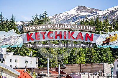 Ketchikan alaska welcome to salmon capital of the world sign Stock Photo