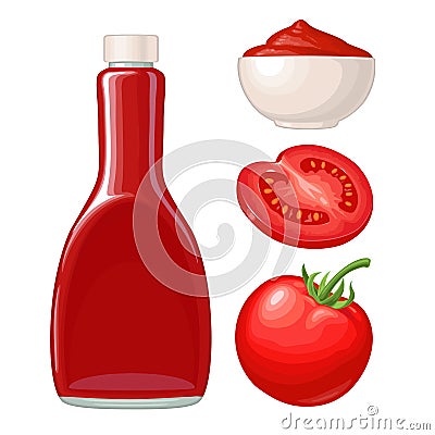 Ketchup bottle, tomato sauce in a plate, tomato. Vector flat Vector Illustration