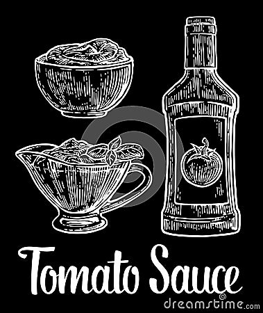 Ketchup bottle, tomato sauce in a plate. Vector vintage engraved illustration Vector Illustration