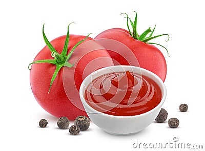 Ketchup in bowl, fresh tomatoes and spices isolated on white background Stock Photo