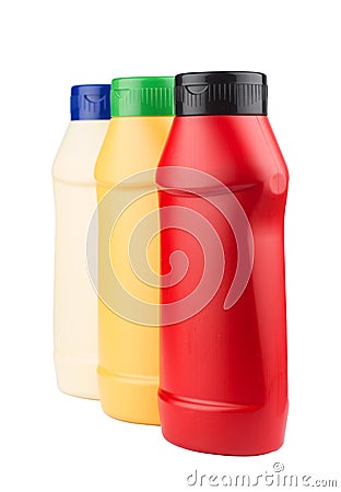 Ketchup, mayonnaise and mustard no label plastic bottles Stock Photo