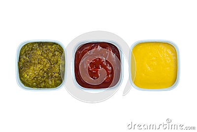 Ketchup mustard pickles Stock Photo