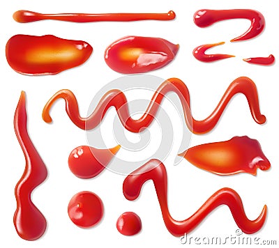 Ketchup stains. Tomato sauce red spots and smears, drops for paste and catsup blobs. Vegetable seasoning sour food Vector Illustration